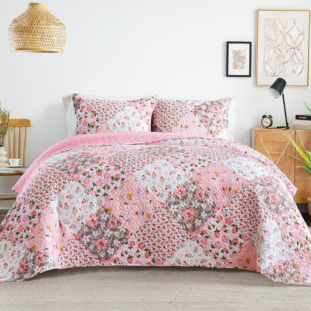 Omgoods - Bedspread 230 x 240 cm met 2 Kussenslopen en Bloemmotief in Roze