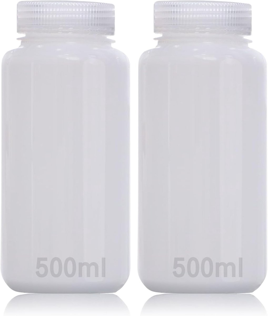 Plastic fles met brede hals, 500 ml, lege laboratoriumfles, lekvrij, doorzichtig, van HDPE-fles met brede opening voor pillen, watermonsterflessen, 2 stuks