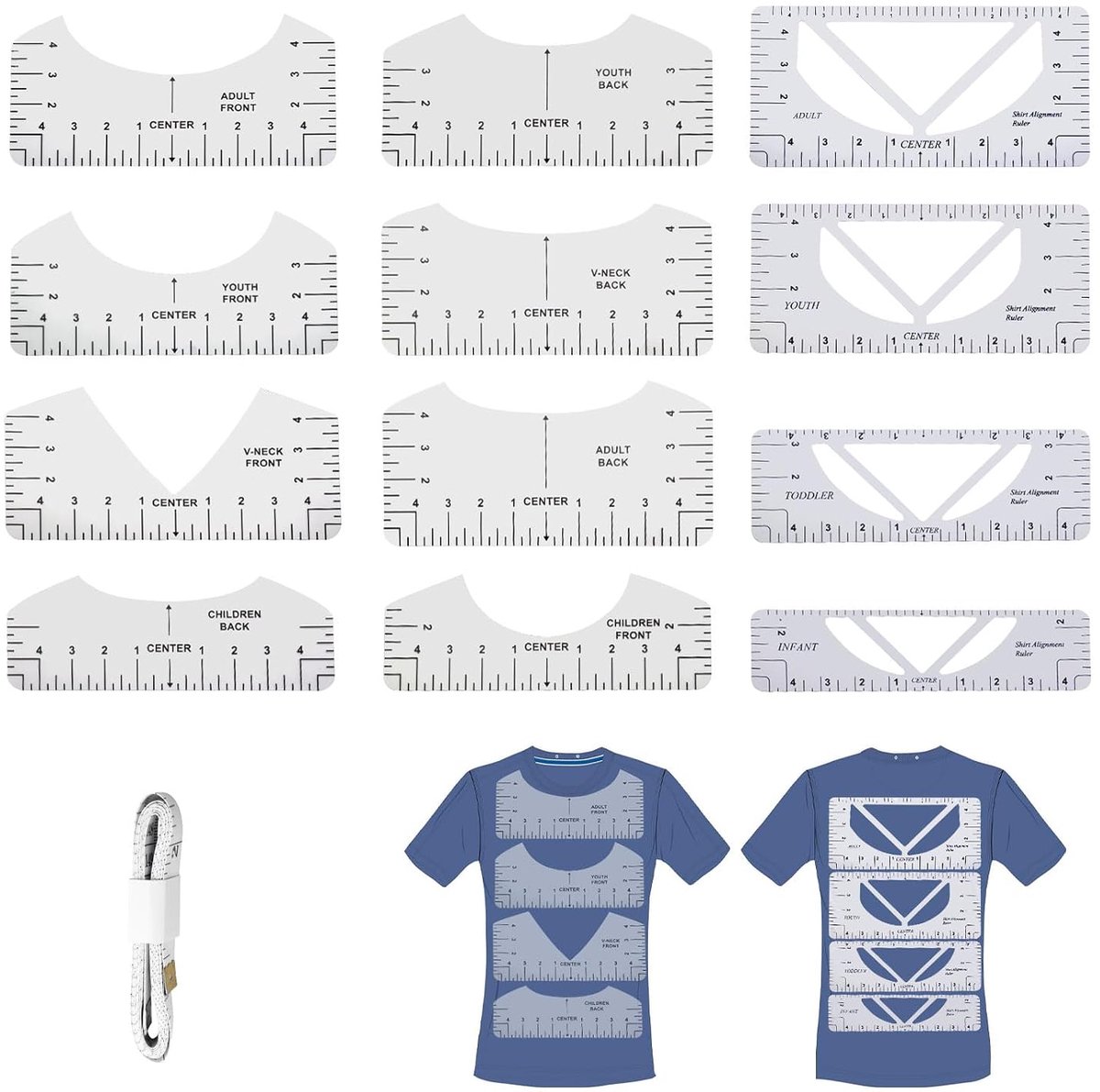 shirt Uitlijningsliniaal, centreringsgereedschap voor T-shirt, pvc sjabloon, geleidingsset voor V-hals, voor volwassenen, jongeren en kinderen