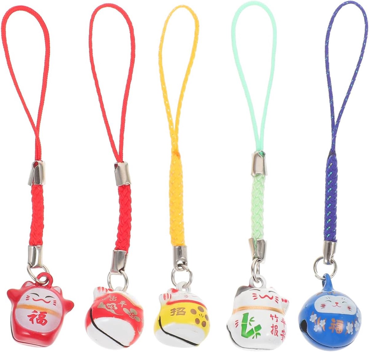 5 stuks gelukskat hangers met belletjes sleutelhanger in de vorm van een hoekkat huisdierenbelletjeshanger voor mobiele telefoon lanyard-decoratie