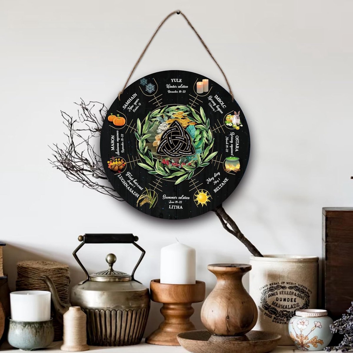 Wiel van het jaar houten bord 30 cm, Wicca kalender yule altaar met knoop patroon heksen runen sabbats heidens teken voor vintage handgemaakte kerst teken decor