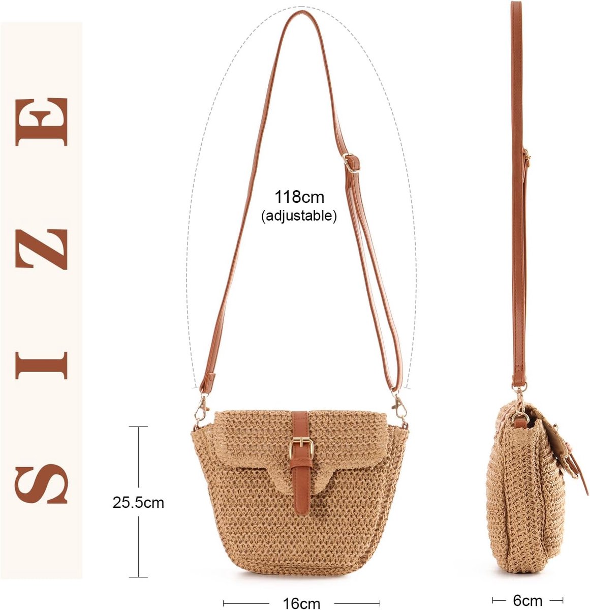 Stro Cross-Body Tas voor Vrouwen Meisje Zomer Boho Leuke Raffia Geweven Strand Schoudertas voor Vakantie Reizen, Bruin, 25.5 cm L x 6 cm W x 16 cm H, Modieus