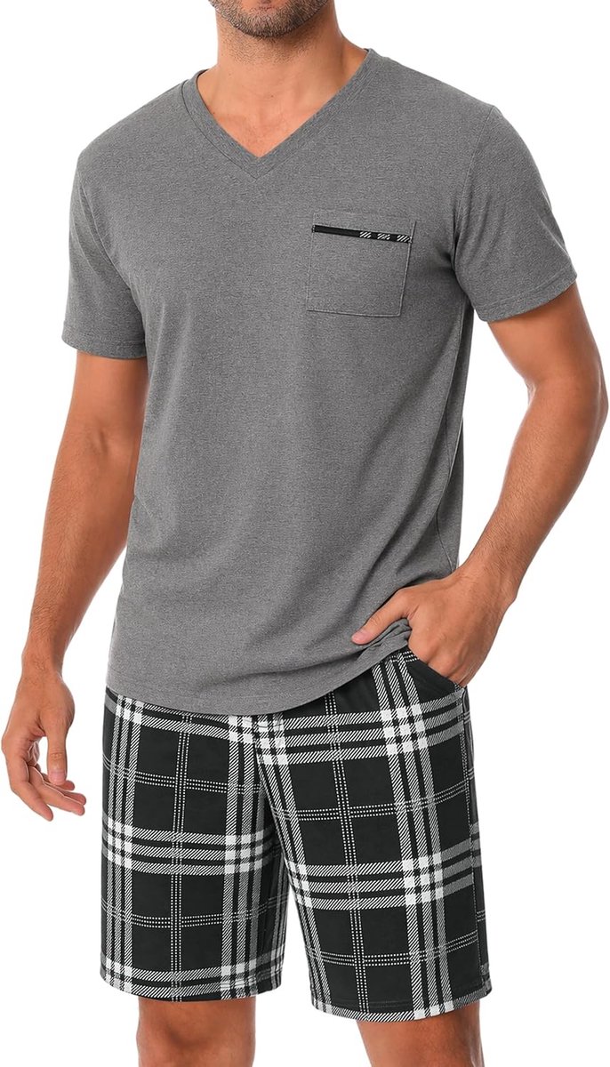 Pyjama heren pyjama set kort katoen geruit nachtkleding mannen vader cadeau, grijs, L