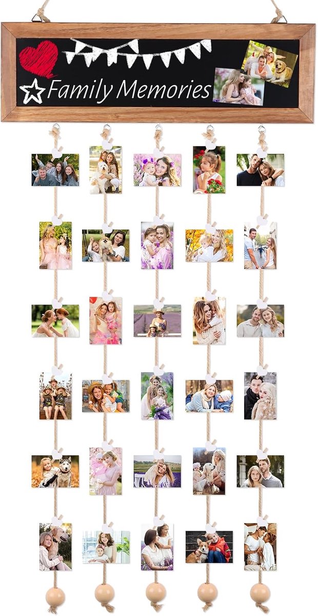 Fotogordijn met 30 houten klemmen, fotowand met klemmen | DIY fotowand fotogirlande & fotolijst collage fotokoord fotoketting decoratie voor wooncultuur, slaapkamer bruiloft kerstmis