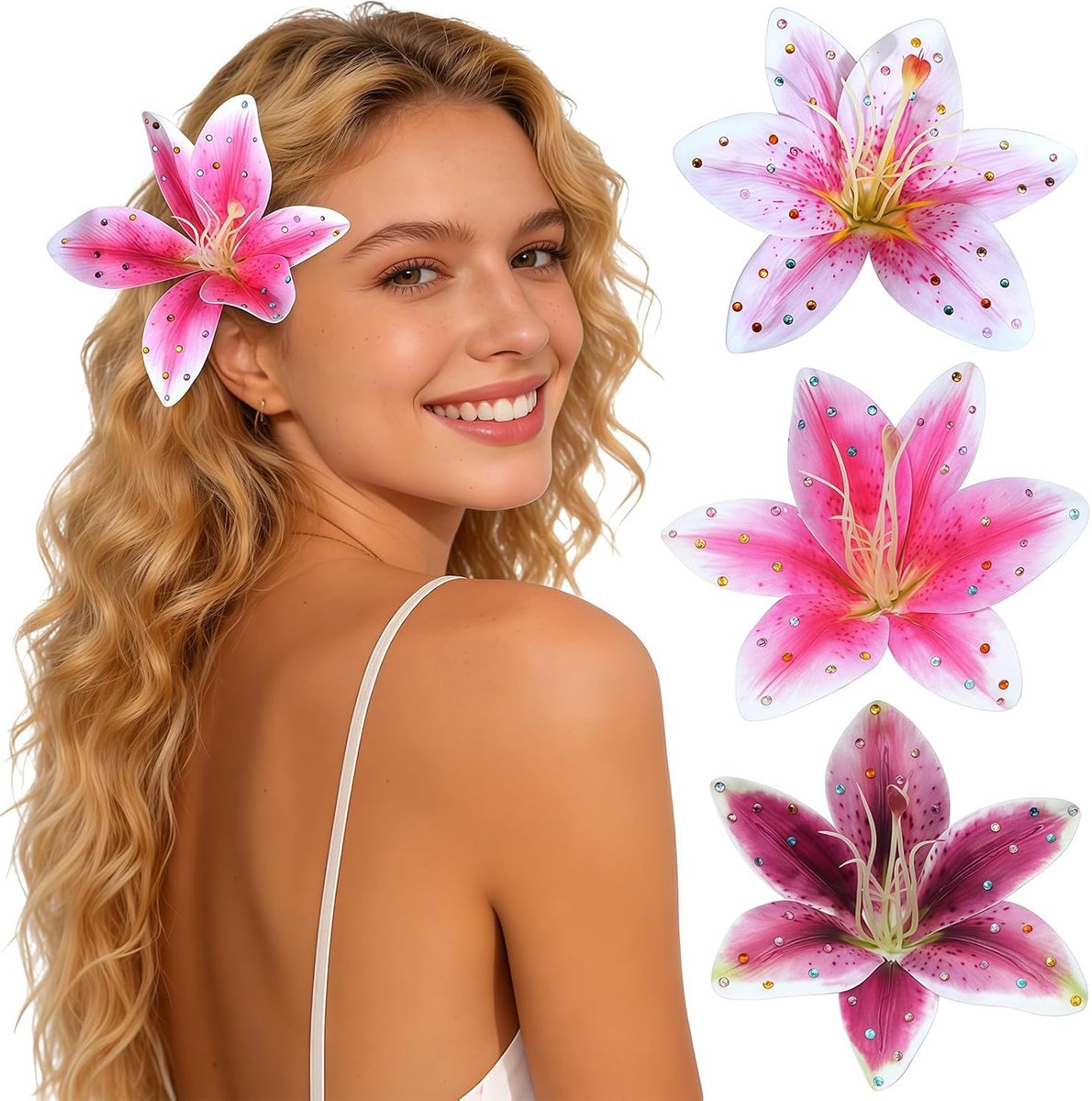 3 stuks bloem haarclip dames, Hawaii lelie haarspeld met stras, haaraccessoires voor strandfeest bruiloft