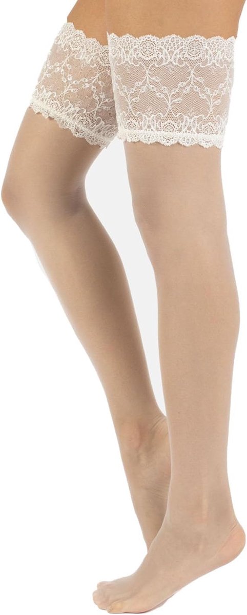 Calzitaly Feine Halterlose Strümpfe Hochzeit mit Spitzenbund | Weiß, Elfenbein, Hautfarbe | S, M/L | 15 Den | Made in Italy dames Opaque