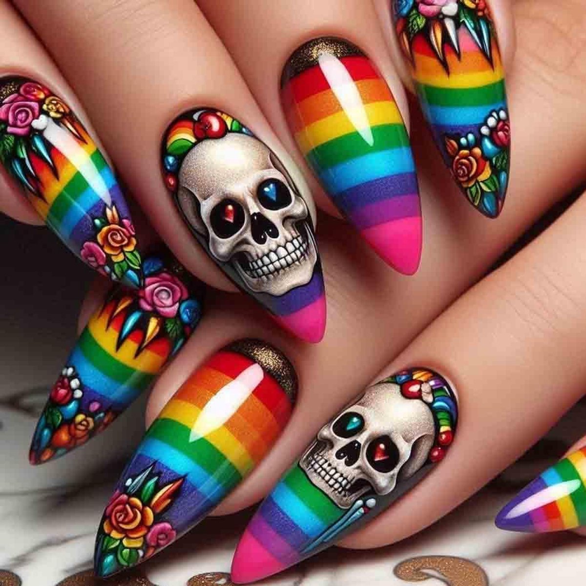 24 stuks Halloween regenboog gestreepte roos bloemen schedelpers nagelset voor vrouwen