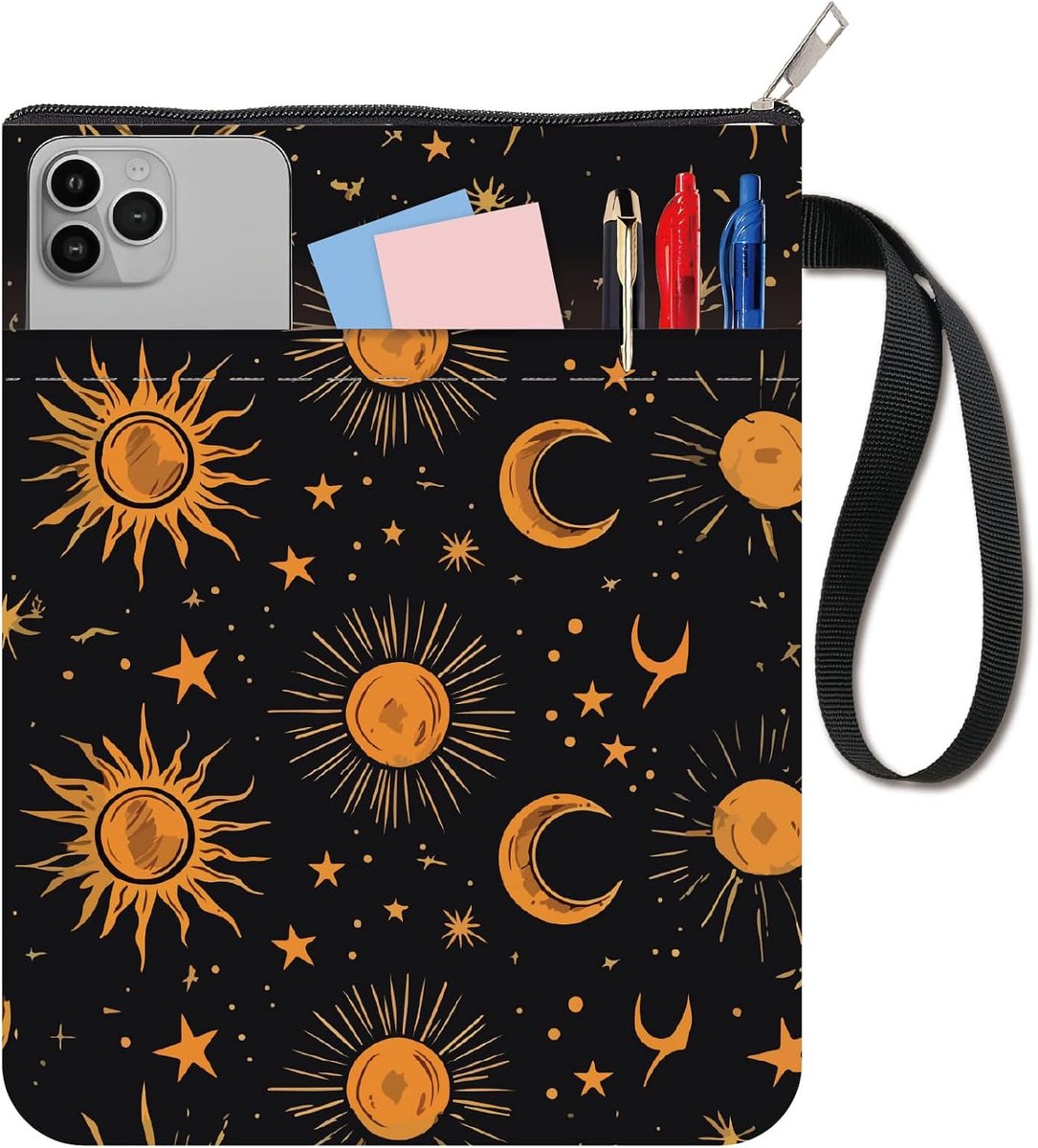 Boekomslag met zak en ritssluiting, zon, maan, ster, patroon, dubbelzijdige wasbare stof, hardcover, leesaccessoires, cadeau voor vrouwen, beste vriendin, tante, boekenclub