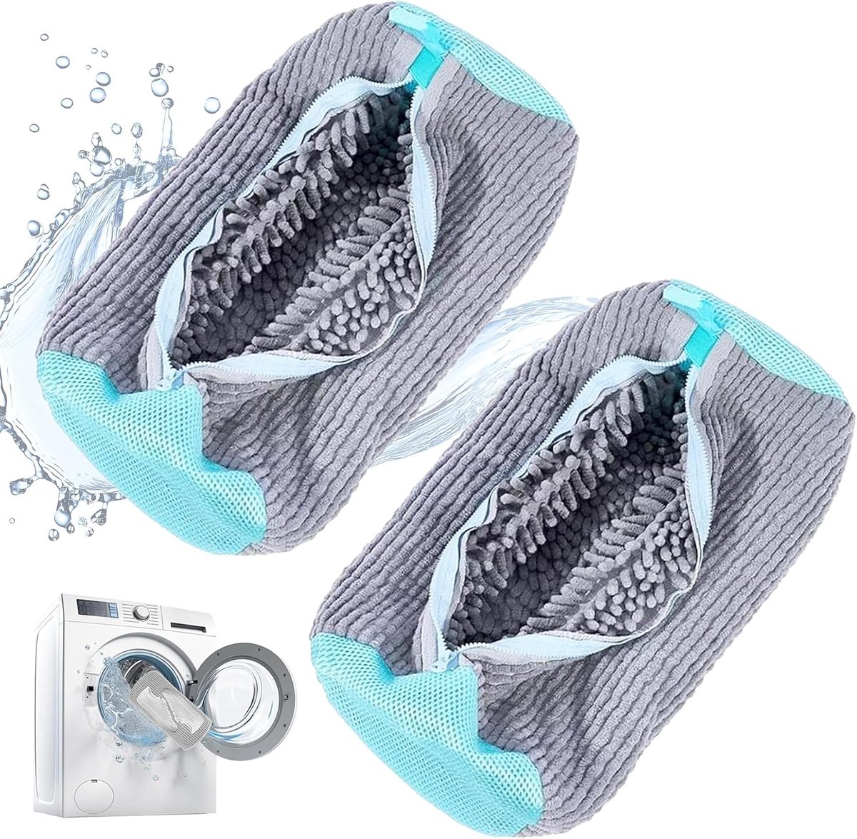 2 dikke waszakken voor de wasmachine, grijs, anti-vervorming, herbruikbaar, 360°-reiniging, met verborgen ritssluiting, voor gymschoenen, gaasdoek