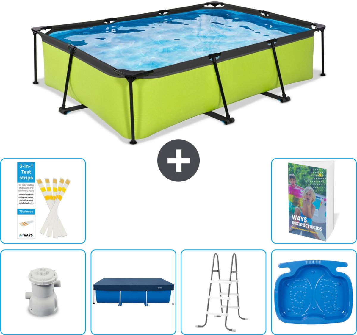 EXIT Rechthoekig Lime Frame Zwembad - 300 x 200 x 65 cm - Inclusief Pomp - Afdekzeil - Ladder - Voetenbad - 7-delig