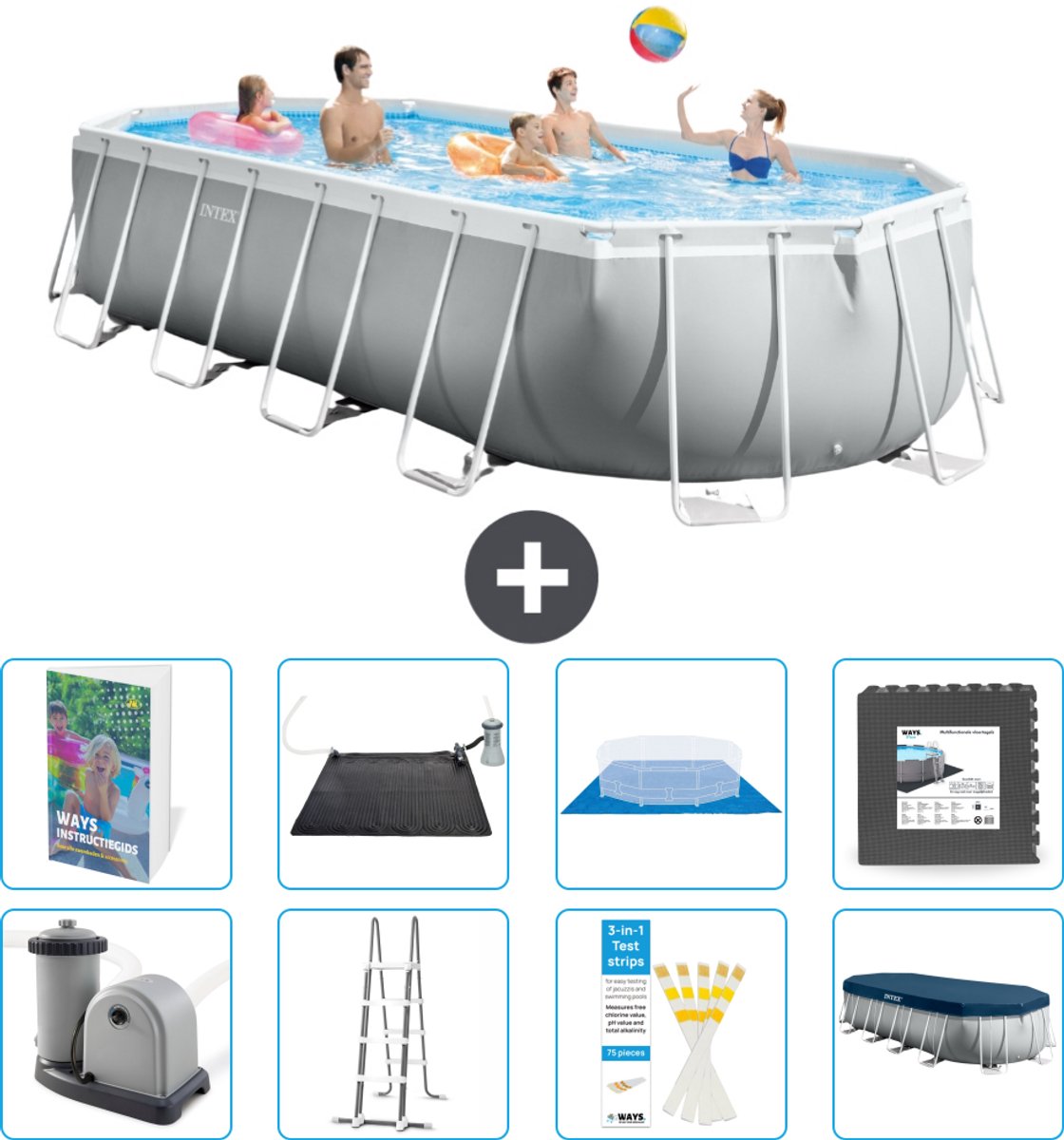 Intex Ovaal Prism Frame Zwembad - 610 x 305 x 122 cm - Grijs - Inclusief Pomp - Ladder - Grondzeil - Afdekzeil - Solar Mat - Vloertegels - 9-delig