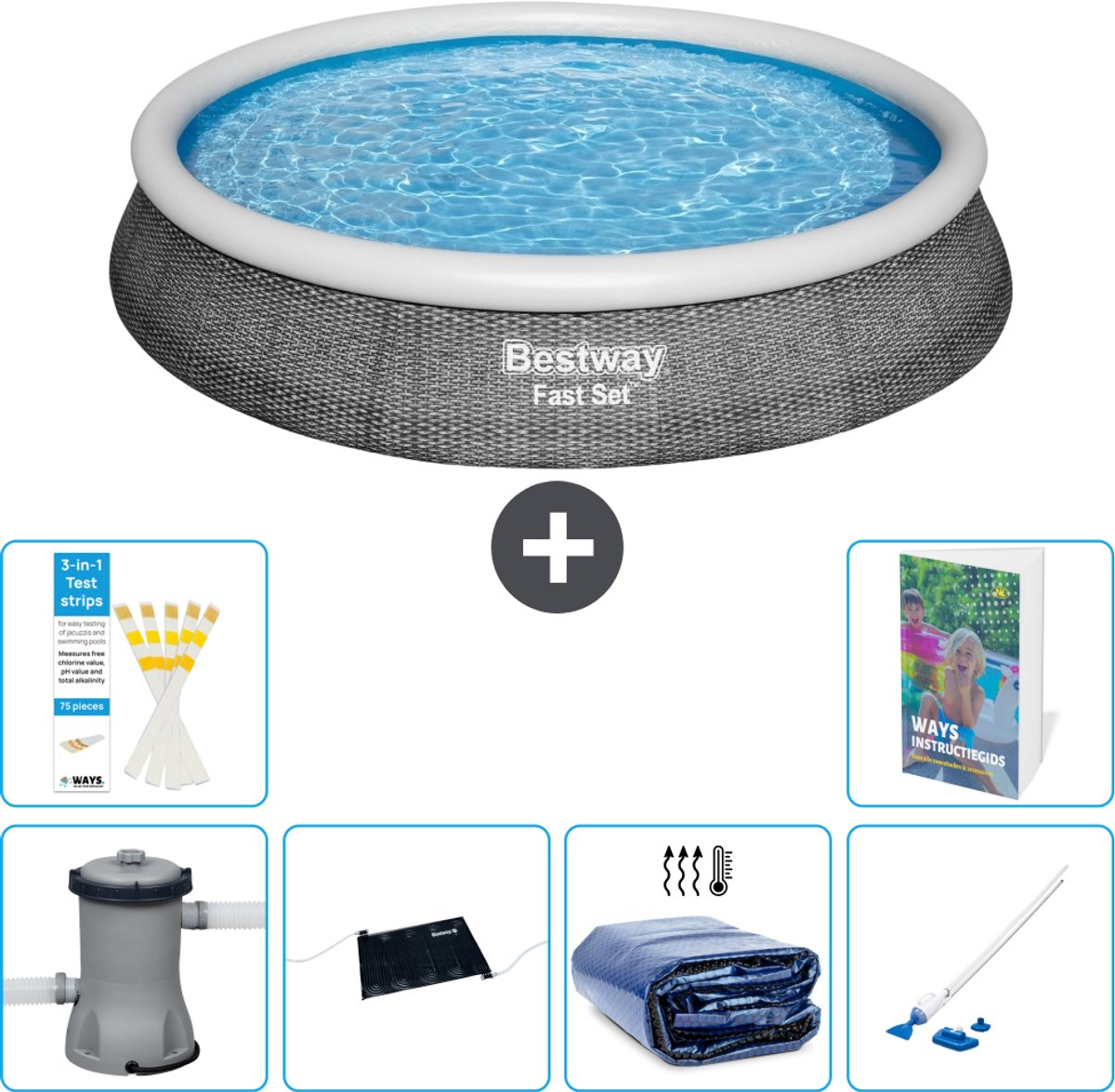 Bestway Rond Opblaasbaar Fast Set Zwembad - Rotanprint - 396 x 84 cm - Inclusief Pomp - Solar Mat - Solarzeil - Stofzuiger - 7-delig