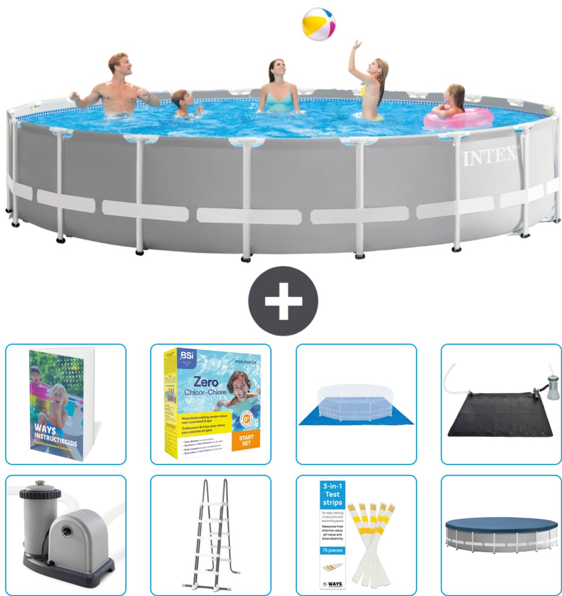 Intex Rond Prism Frame Zwembad - 610 x 132 cm - Grijs - Inclusief Pomp - Ladder - Grondzeil - Afdekzeil - Onderhoudspakket - Solar Mat - 9-delig