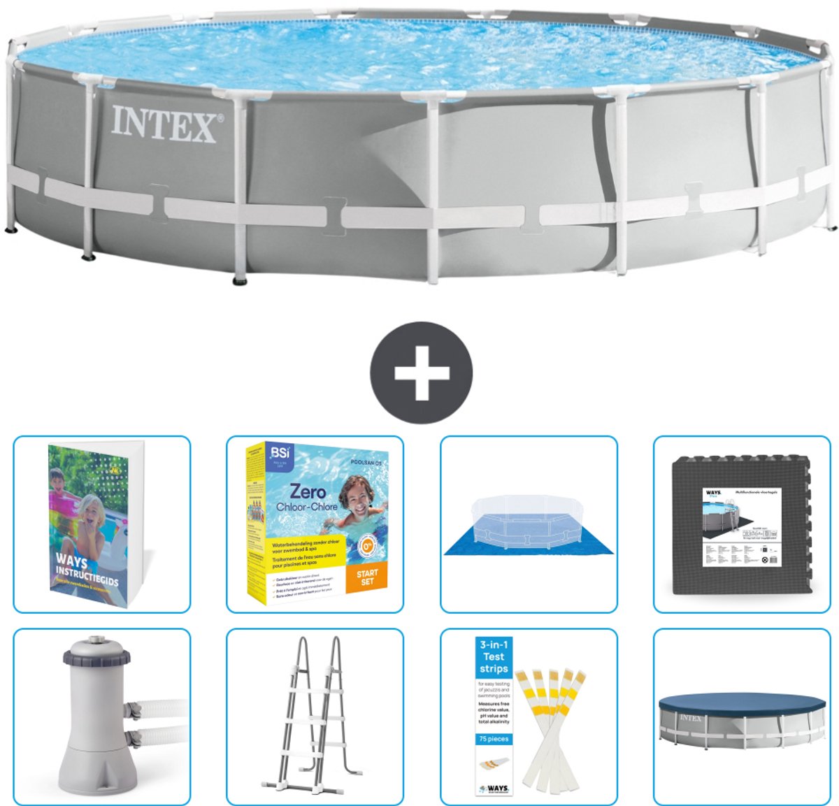 Intex Rond Prism Frame Zwembad - 457 x 107 cm - Grijs - Inclusief Pomp - Ladder - Grondzeil - Afdekzeil - Onderhoudspakket - Vloertegels - 9-delig