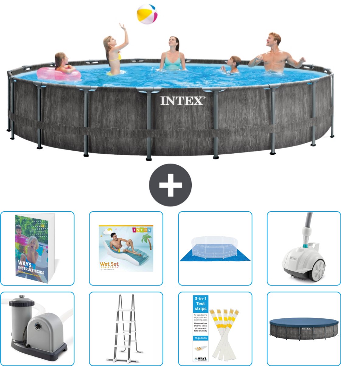 Intex Rond Prism Frame Greywood Zwembad - 549 x 122 cm - Inclusief Pomp - Ladder - Grondzeil - Afdekzeil - Loungebed - Stofzuiger - 9-delig