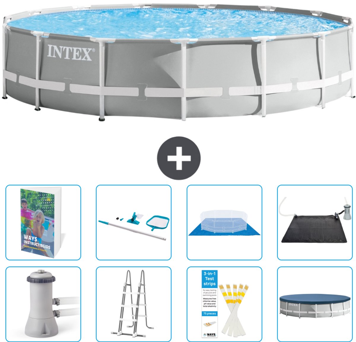 Intex Rond Prism Frame Zwembad - 457 x 107 cm - Grijs - Inclusief Pomp - Ladder - Grondzeil - Afdekzeil - Schoonmaakset - Solar Mat - 9-delig