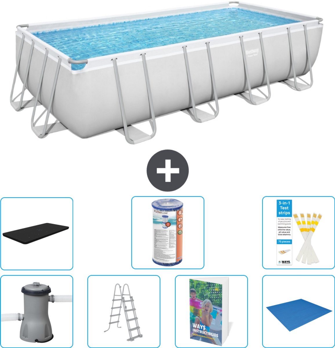 Bestway Rechthoekig Power Steel Zwembad - 488 x 244 x 122 - Grijs Inclusief Pomp - Ladder - Afdekzeil - Filter - Grondzeil - 8-delig