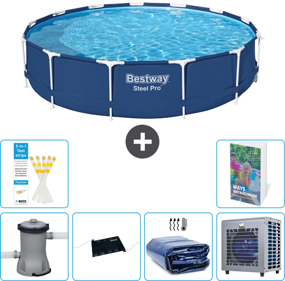 Bestway Rond Steel Pro Zwembad - 396 x 84 cm - Blauw - Inclusief Pomp - Solar Mat - Solarzeil - Warmtepomp - 7-delig