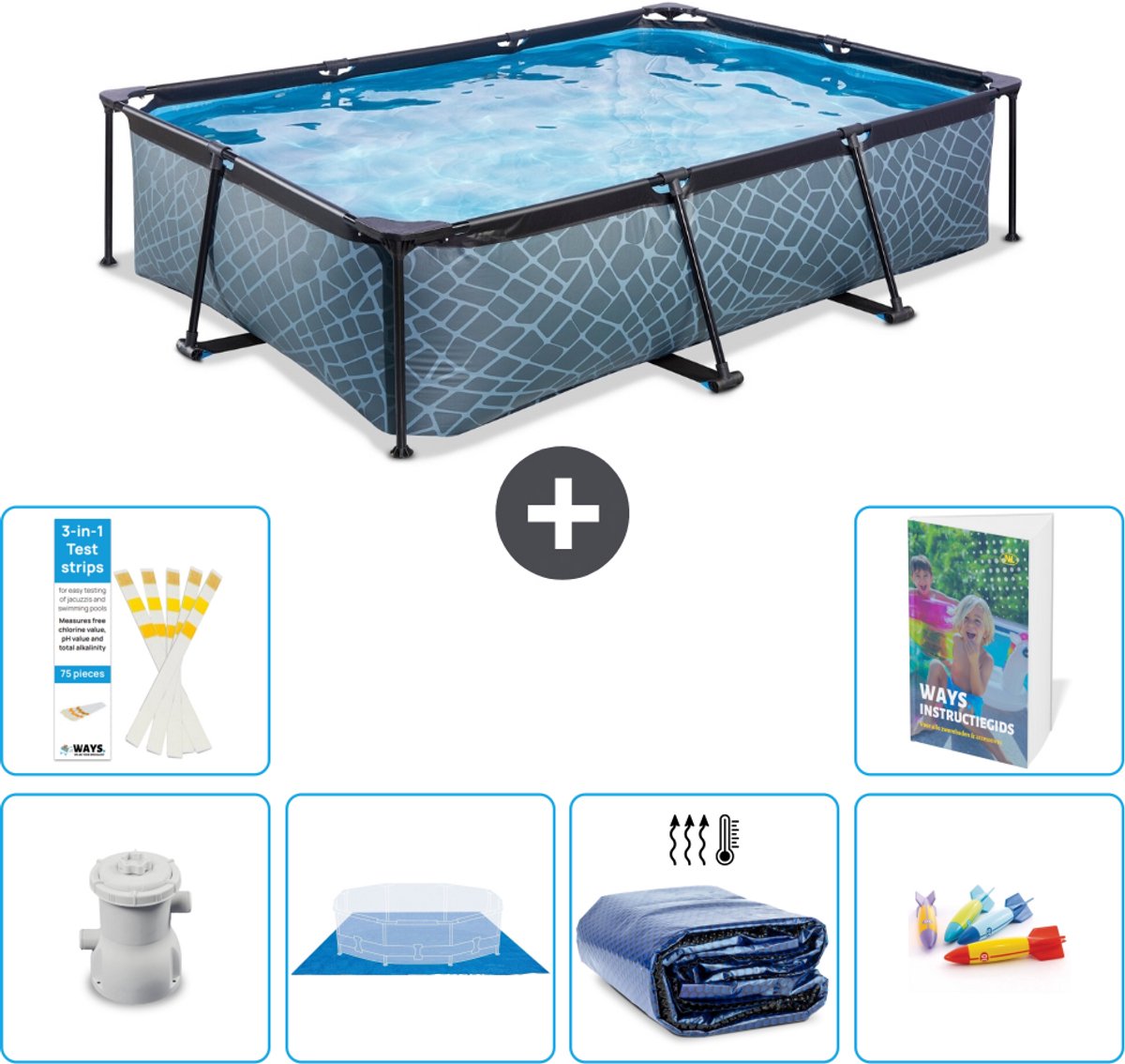 EXIT Rechthoekig Stone Frame Zwembad - 300 x 200 x 65 cm - Inclusief Pomp - Grondzeil - Solarzeil - Speelgoed - 7-delig