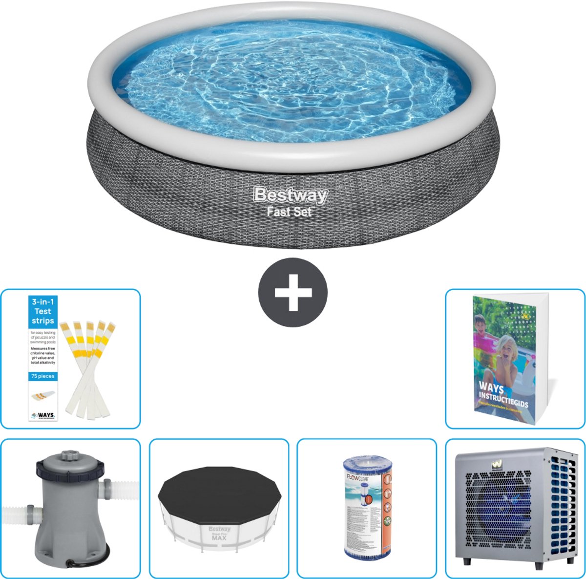 Bestway Rond Opblaasbaar Fast Set Zwembad - Rotanprint - 366 x 76 cm - Inclusief Pomp - Afdekzeil - Filter - Warmtepomp - 7-delig