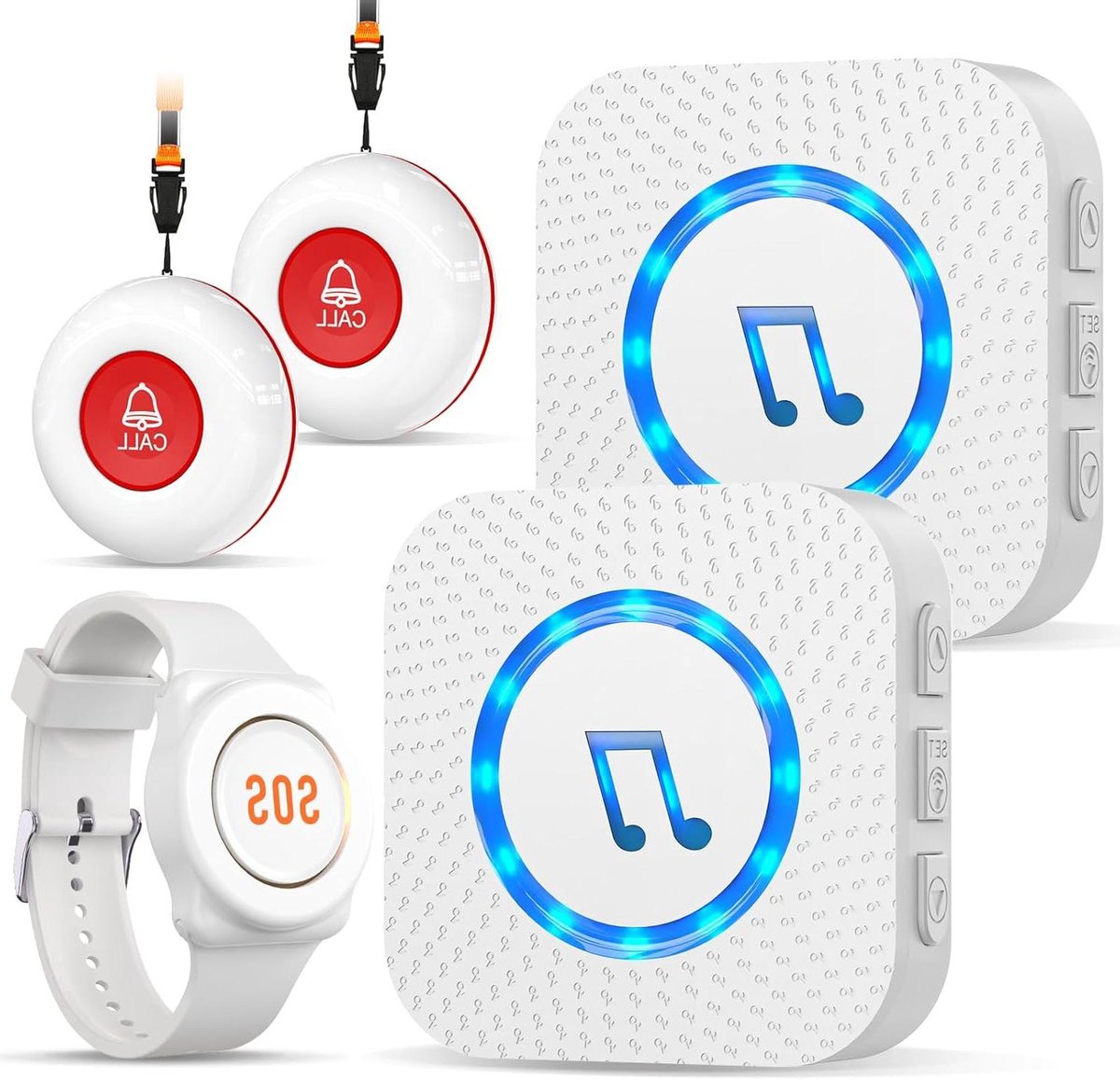 Noodoproep Systeem - Alarmknop Senioren - Hulp Inschakelen - 150 Meter Bereik - 55 Melodieën - Wit