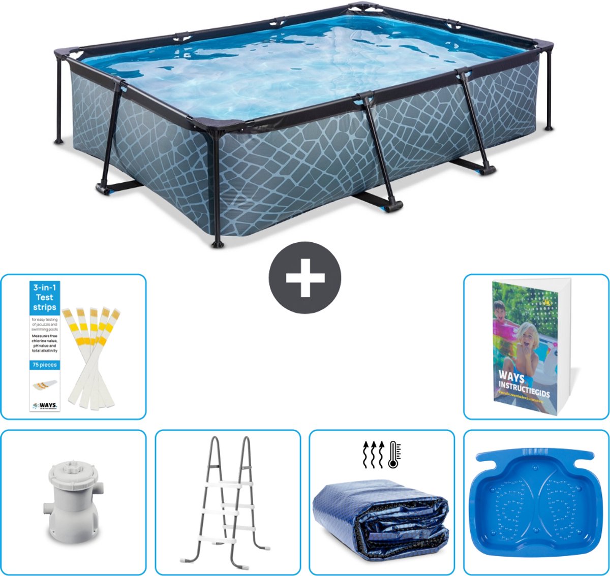 EXIT Rechthoekig Stone Frame Zwembad - 300 x 200 x 65 cm - Inclusief Pomp - Ladder - Solarzeil - Voetenbad - 7-delig