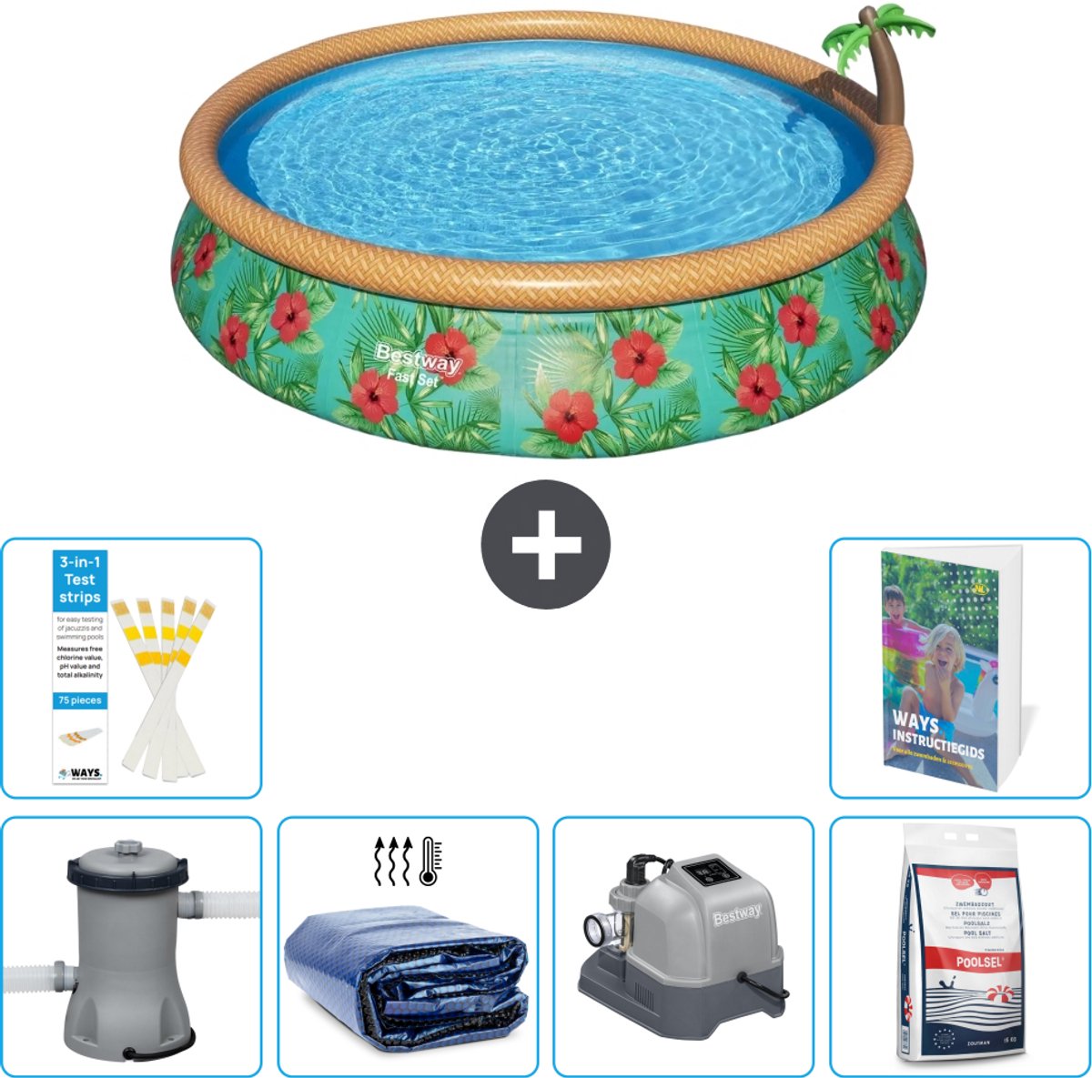 Bestway Rond Opblaasbaar Fast Set Zwembad - Paradijsprint - 457 x 84 cm - Inclusief Pomp - Solarzeil - Zoutwatersysteem - Zwembadzout - 7-delig