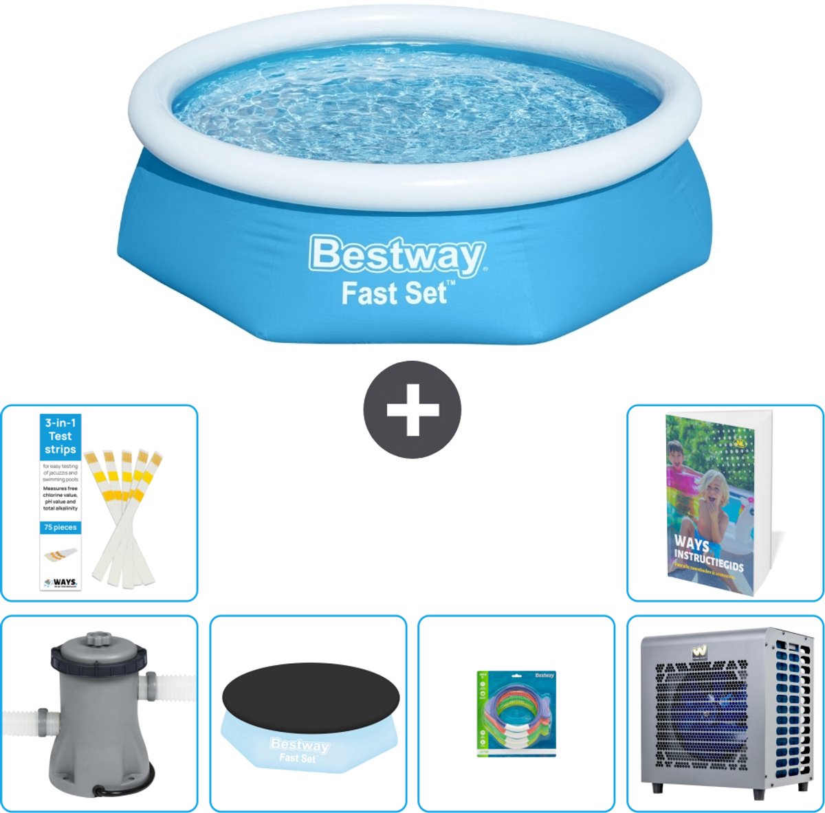 Bestway Rond Opblaasbaar Fast Set Zwembad - 244 x 61 cm - Blauw - Inclusief Pomp - Afdekzeil - Speelgoed - Warmtepomp - 7-delig