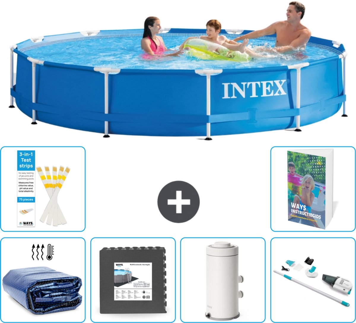 Intex Rond Frame Zwembad - 366 x 76 cm - Blauw - Inclusief Solarzeil - Vloertegels - Zwembadfilterpomp - Stofzuiger - 7-delig