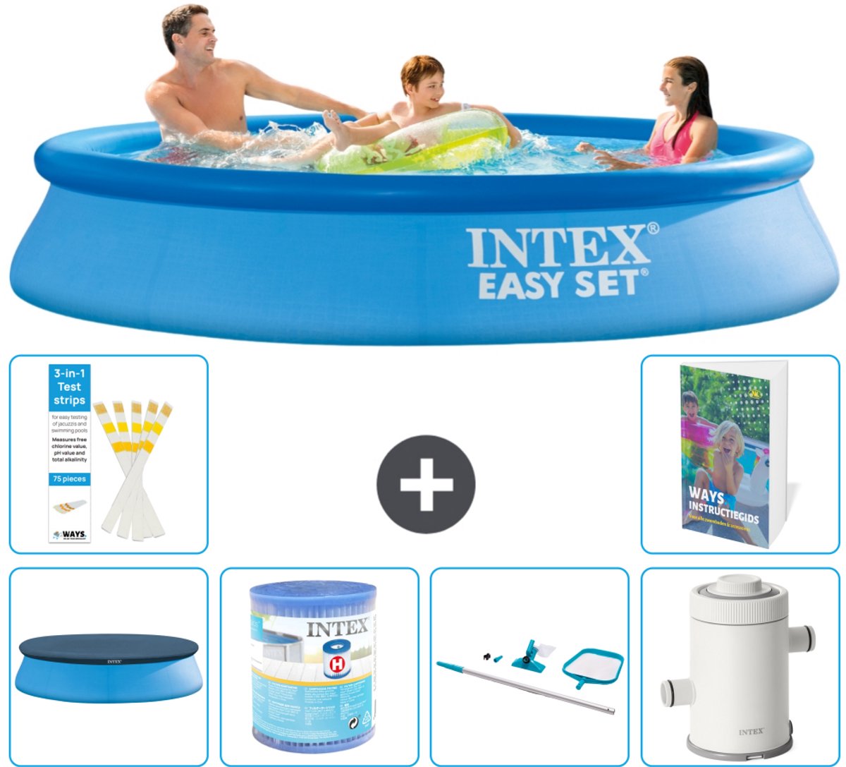 Intex Rond Opblaasbaar Easy Set Zwembad - 305 x 61 cm - Blauw - Inclusief Afdekzeil - Filter - Schoonmaakset - Zwembadfilterpomp - 7-delig