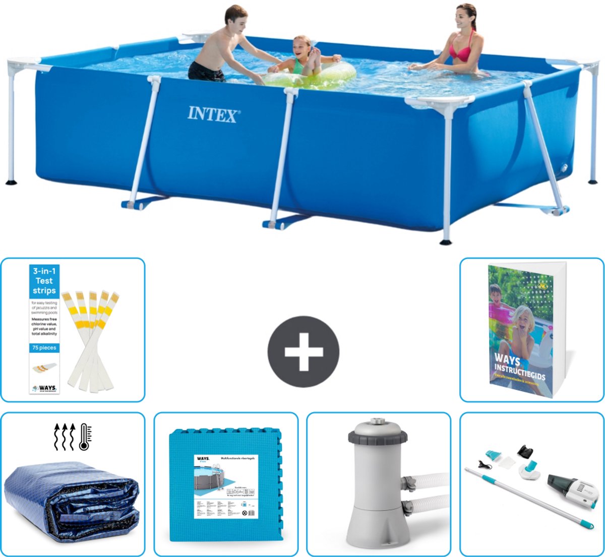 Intex Rechthoekig Frame Zwembad - 300 x 200 x 75 cm - Blauw - Inclusief Solarzeil - Vloertegels - Zwembadfilterpomp - Stofzuiger - 7-delig