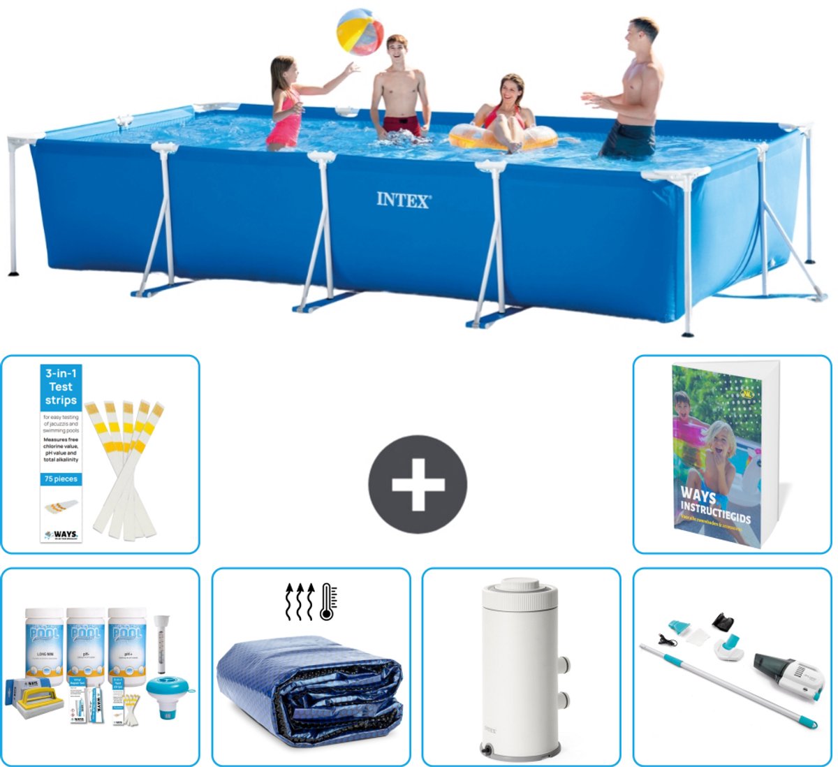 Intex Rechthoekig Frame Zwembad - 450 x 220 x 84 cm - Blauw - Inclusief Onderhoudspakket - Solarzeil - Zwembadfilterpomp - Stofzuiger - 7-delig