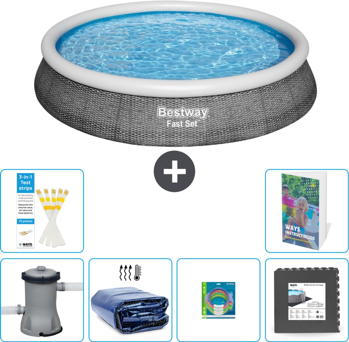 Bestway Rond Opblaasbaar Fast Set Zwembad - Rotanprint - 396 x 84 cm - Inclusief Pomp - Solarzeil - Speelgoed - Vloertegels - 7-delig