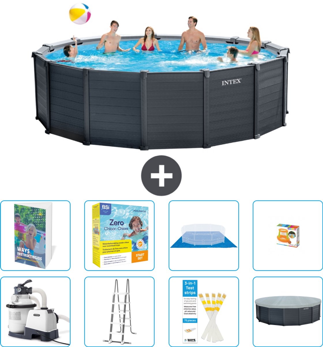 Intex Rond Graphite Gray Panel Zwembad - 478 x 124 cm - Inclusief Pomp - Ladder - Grondzeil - Afdekzeil - Onderhoudspakket - Speelgoed - 9-delig