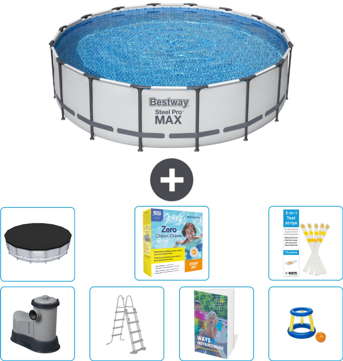 Bestway Rond Steel Pro MAX Zwembad - 488 x 122 cm - Grijs - Inclusief Pomp - Ladder - Afdekzeil - Onderhoudspakket - Speelgoed - 8-delig