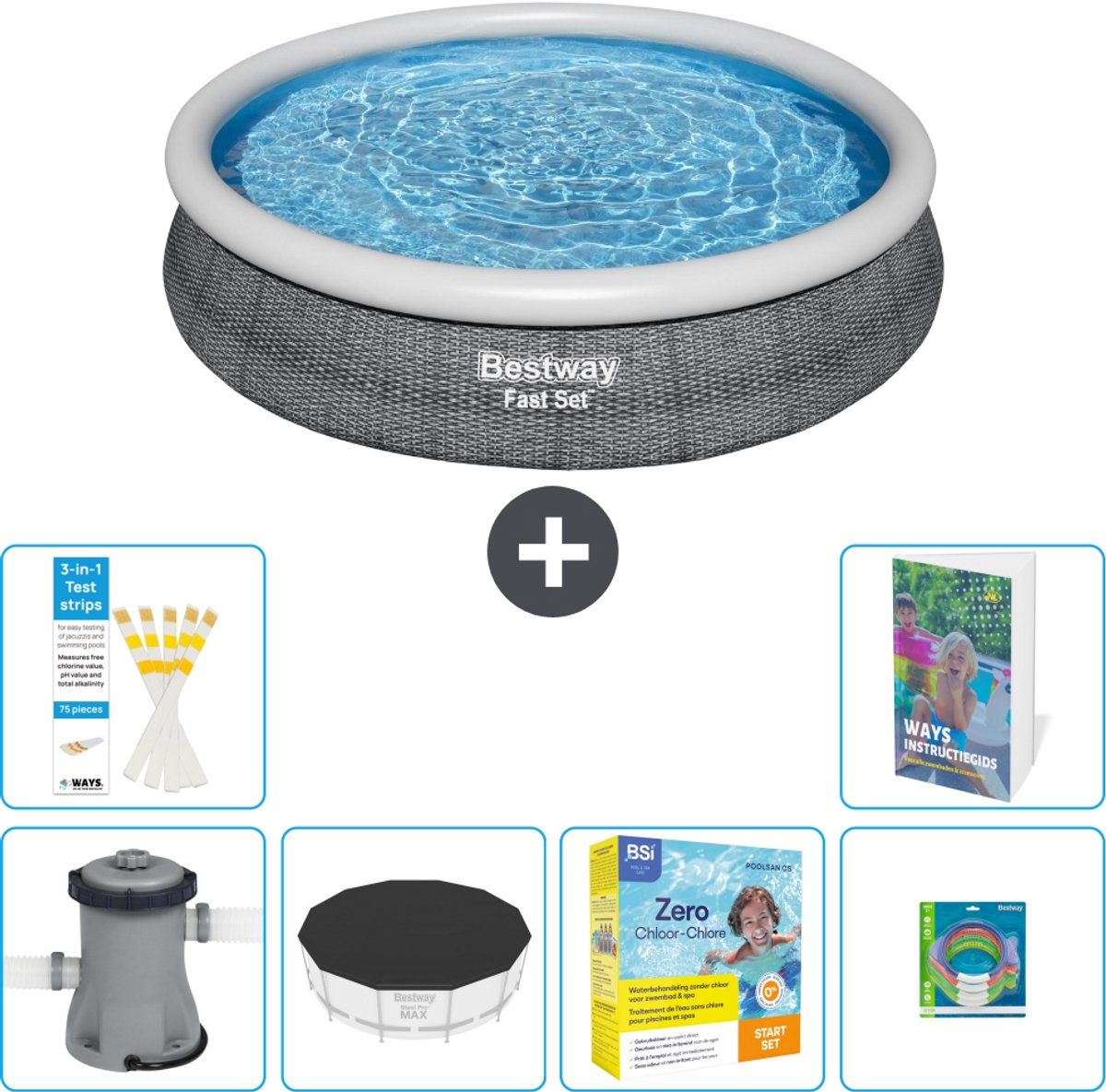 Bestway Rond Opblaasbaar Fast Set Zwembad - Rotanprint - 366 x 76 cm - Inclusief Pomp - Afdekzeil - Onderhoudspakket - Speelgoed - 7-delig
