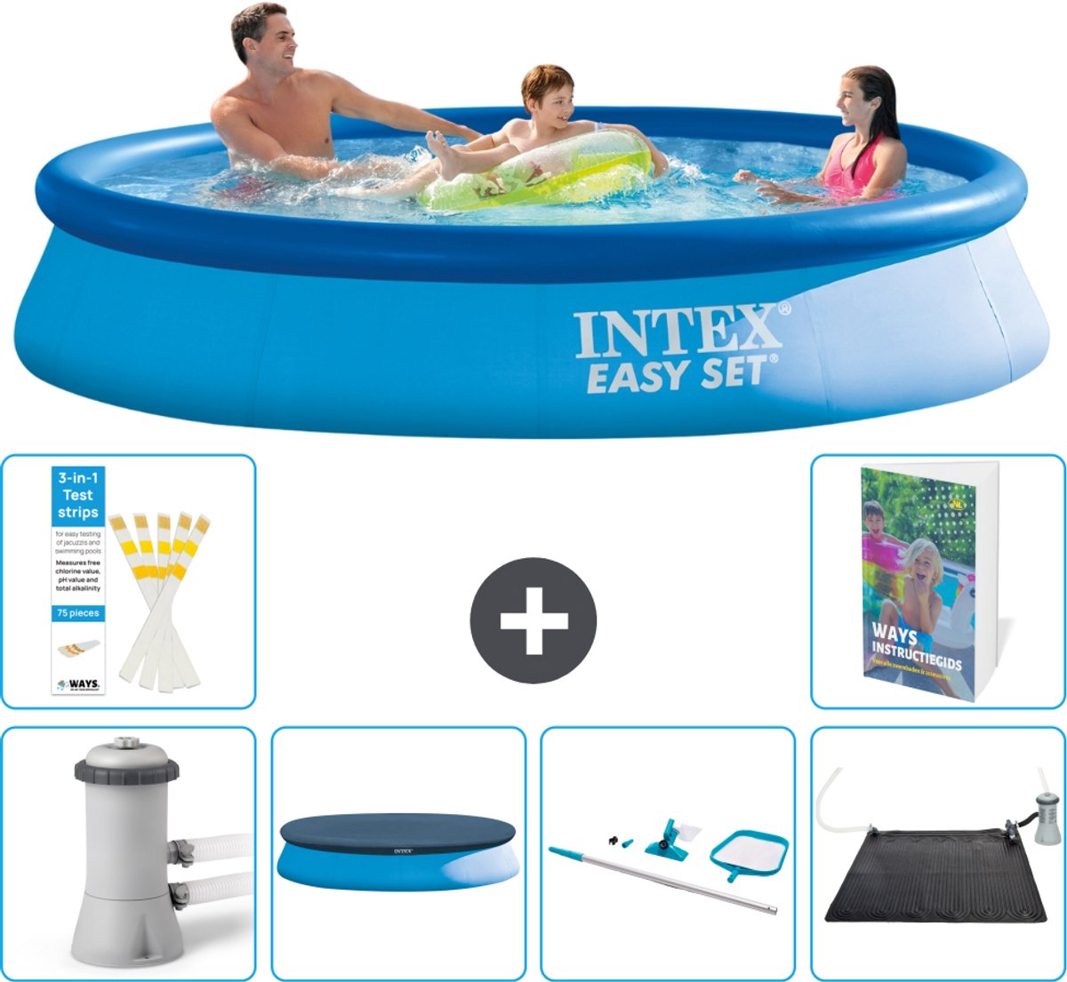 Intex Rond Opblaasbaar Easy Set Zwembad - 366 x 76 cm - Blauw - Inclusief Pomp - Afdekzeil - Schoonmaakset - Solar Mat - 7-delig