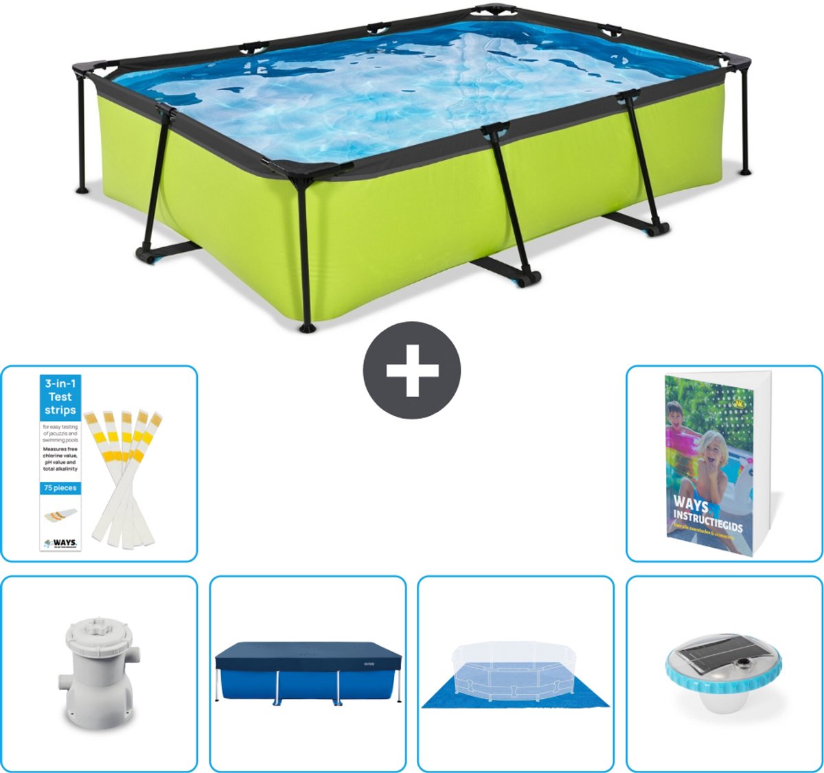 EXIT Rechthoekig Lime Frame Zwembad - 300 x 200 x 65 cm - Inclusief Pomp - Afdekzeil - Grondzeil - Verlichting - 7-delig
