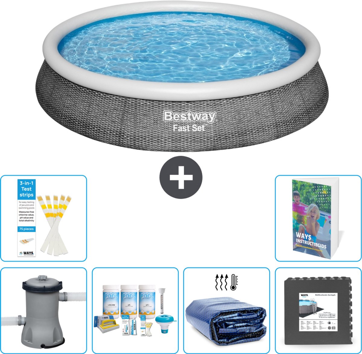 Bestway Rond Opblaasbaar Fast Set Zwembad - Rotanprint - 396 x 84 cm - Inclusief Pomp - Onderhoudspakket - Solarzeil - Vloertegels - 7-delig