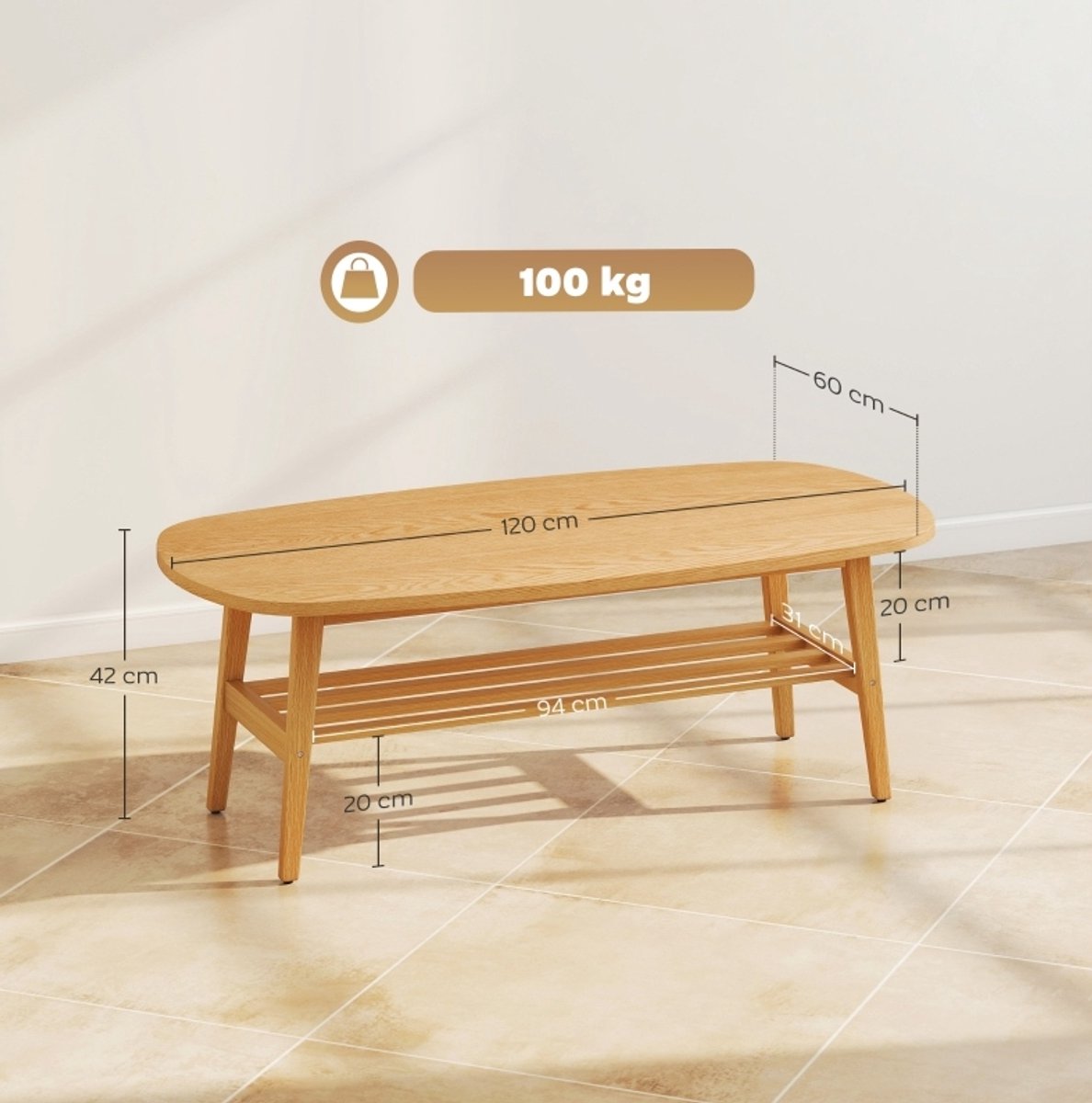 COVREO Salontafel 120 x 60 x 42 cm naturel hout, met opbergplank Natural Wood
