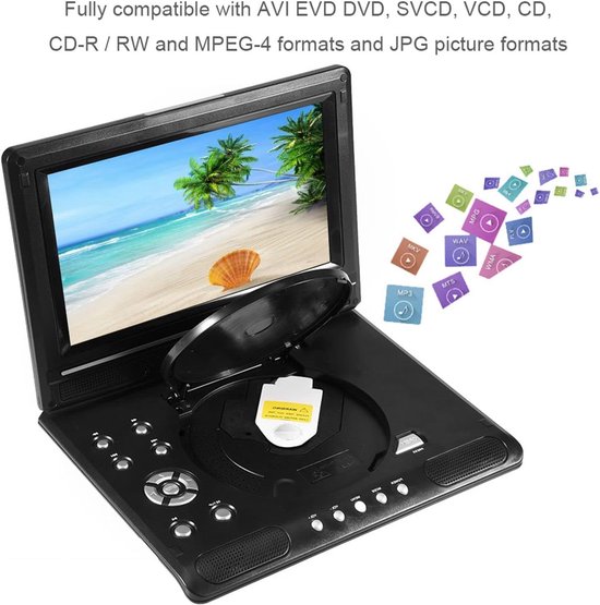Draagbare DVD-speler - HD Videospeler - Reizen en Entertainment - Groot 9-inch Draaibaar Scherm - 9 Inch - Zwart — afbeelding 2