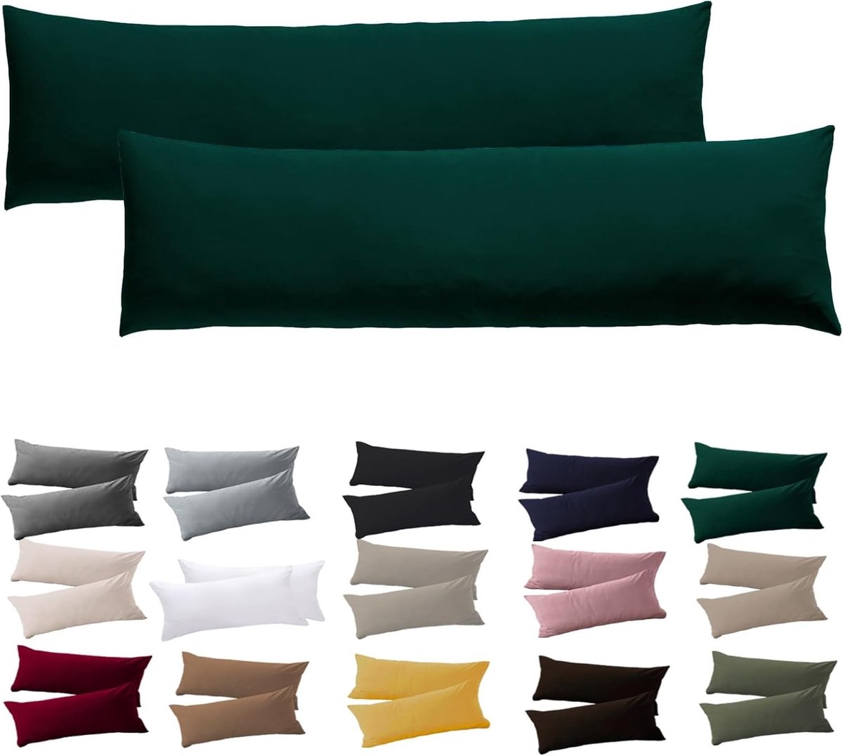 Zijslaper Kussenhoezen Set van 2, 40 x 145 cm, Groene Kussenslopen met Rits, Hypoallergeen en Microvezel, Ideaal voor Comfortabele Nachtrust