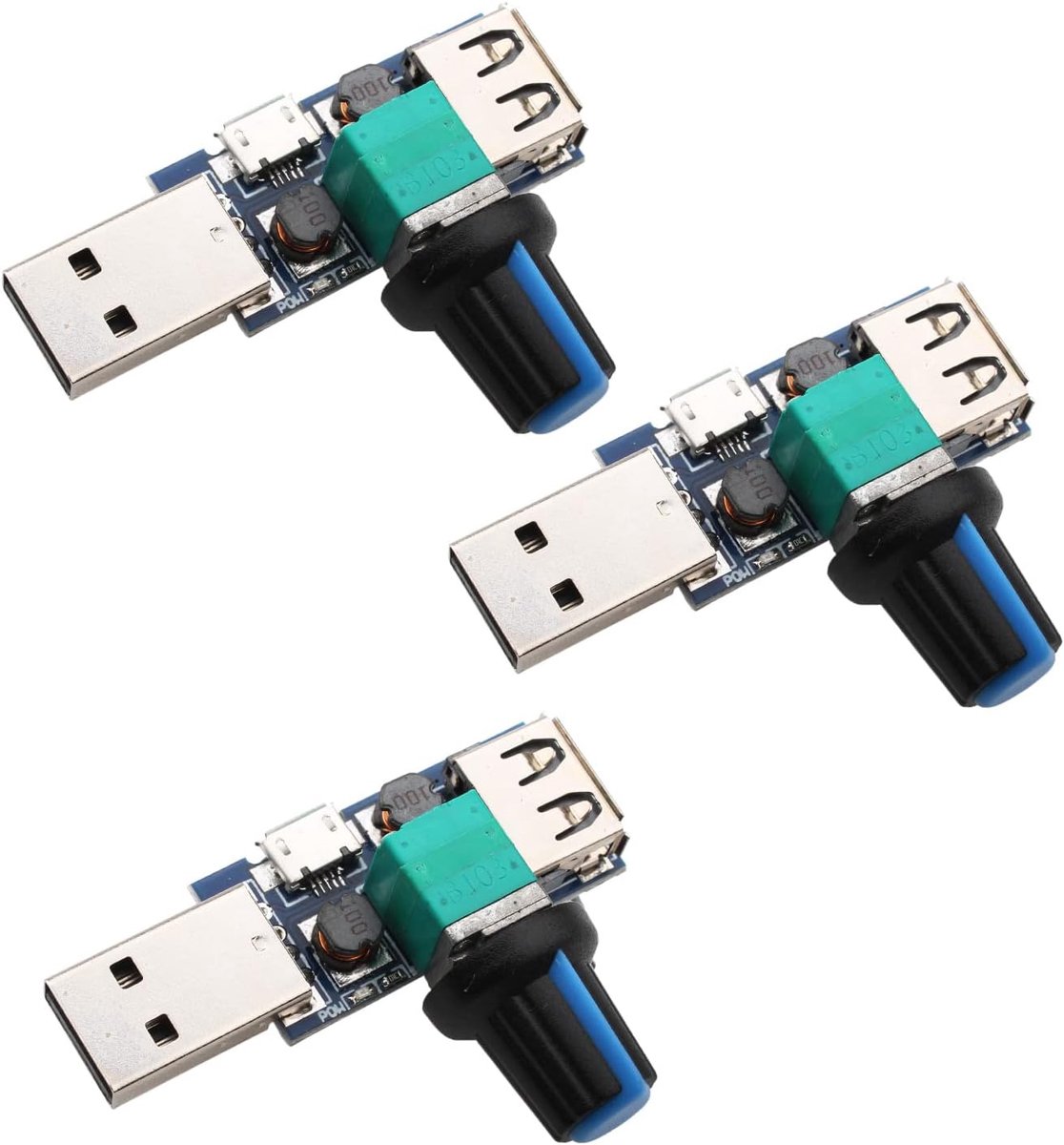 3 stuks USB-ventilator, toerentalregelaar, 5 W, mini, DC 5 V, traploze DC 4-12 V tot 2,5-8 V, regelaar met schakelaar