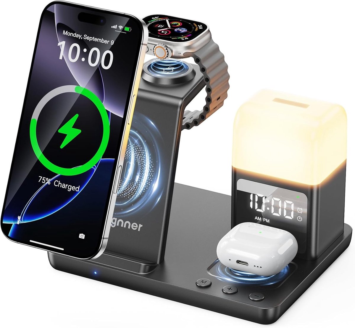 Draadloos Oplaadstation voor iPhone 16/15/14/13/12/11, 6-in-1 Oplader met Bedlamp en Alarmklok, Compatibel met Apple Watch en AirPods