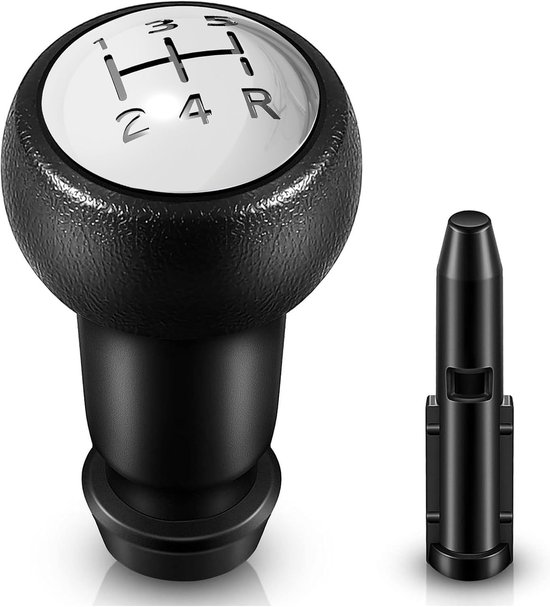 Zwarte pookknop met witte versnellingsindicator (1-2-3-4-5-R) en een zwarte kunststof adapter.