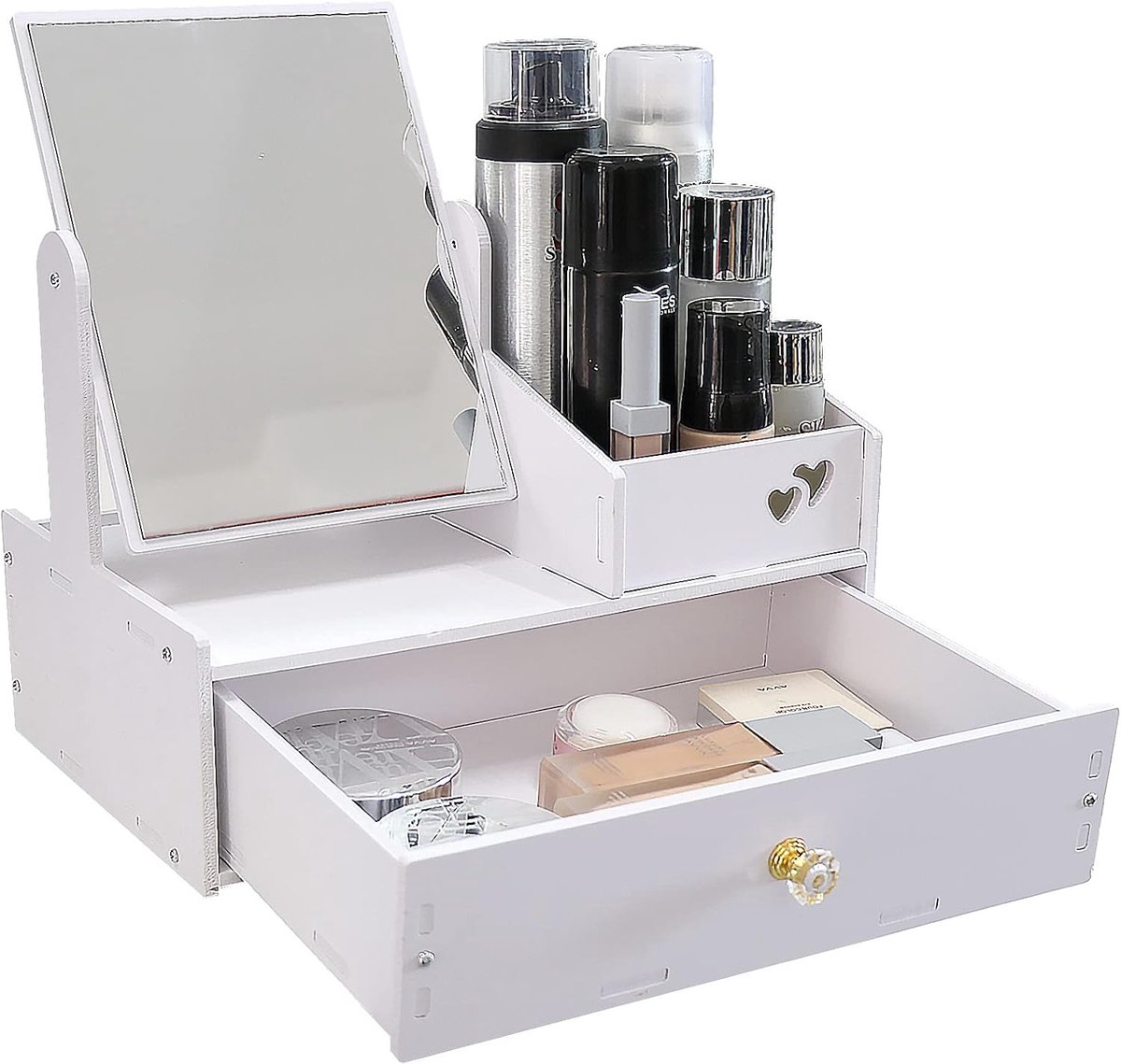 Cosmetic Organizer met spiegel, witte bureau-cosmetica-organizer, wit, make-uporganizer met lade voor commode/slaapkamer/badkamer (vierkante spiegel) | Witte cosmetica-organizer, make-uporganizer met laden voor make-uptafel, slaapkamer en badkamer