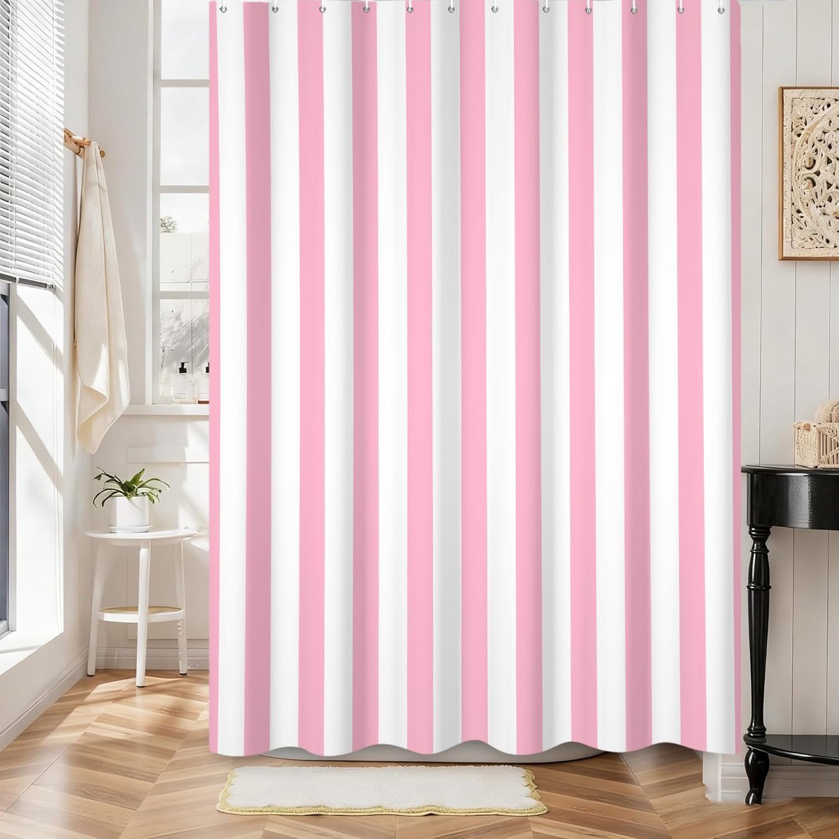 Douchegordijn, verticaal gestreept, roze en wit, strepen, vintage