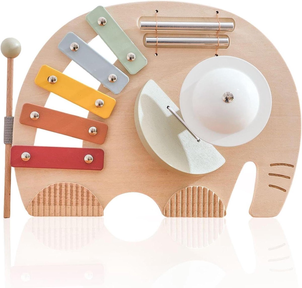 Muzikaal Speelgoed Olifant - Houten Instrumenten - Baby Ontwikkeling - Stimuleert Zintuigen - 30 x 22 x 6 cm - Meerkleurig