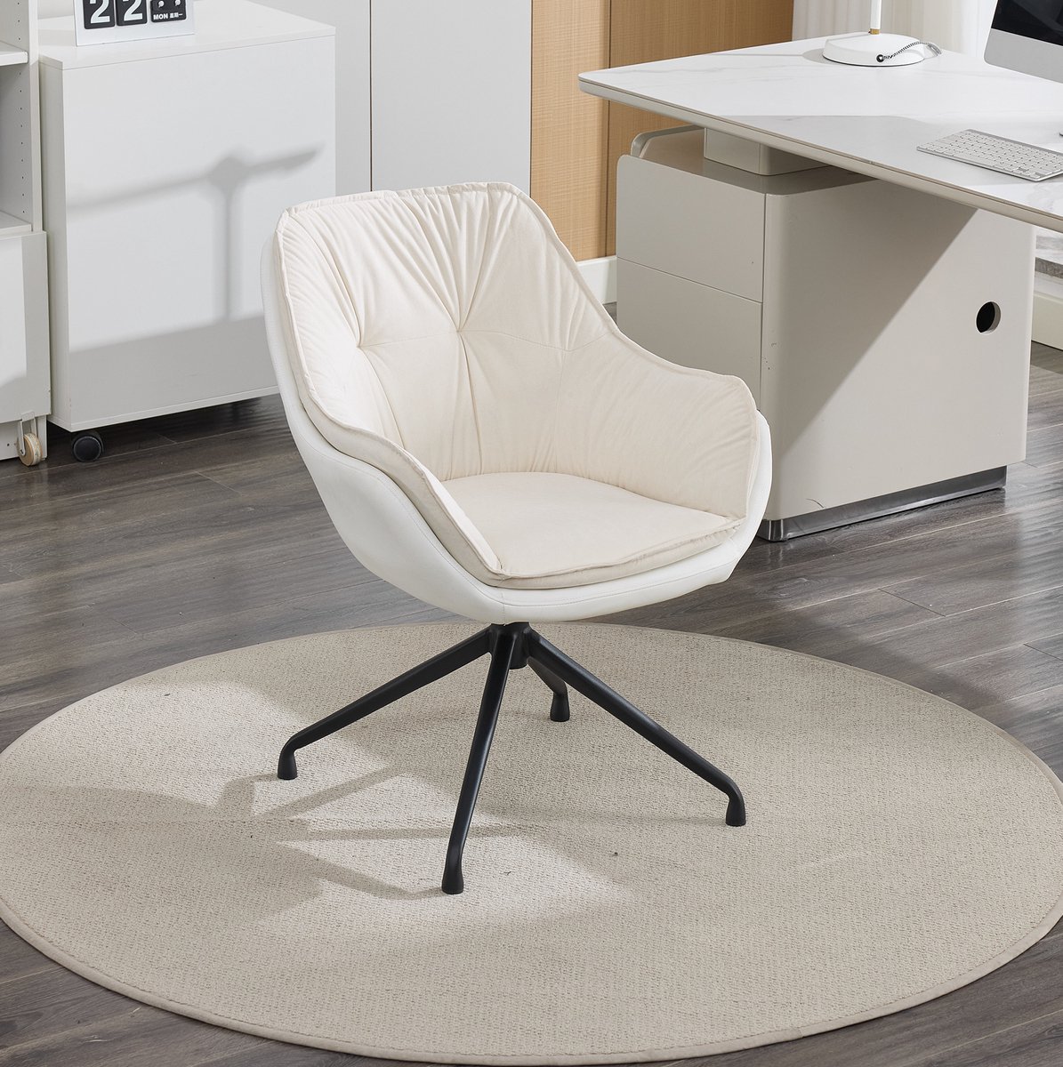 REDOM - Bureaustoel - Ergonomische brede zitting - 360° draaibaar - Met vaste armleuningen - Metalen vierpoot - Kunstleer - Woonkamer en slaapkamer - Beige - 82,3 x 65,8 x 67,8 cm