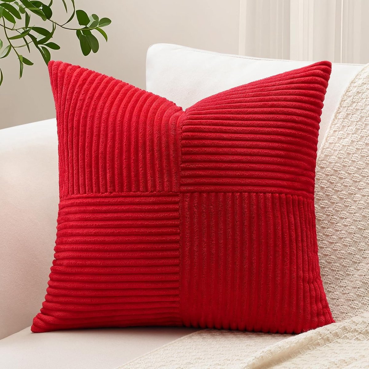 Kussenhoes van Corduroy met kruisstrepen, decoratief patchwork voor woonkamer, 45 x 45 cm, rood, trendy en stijlvol